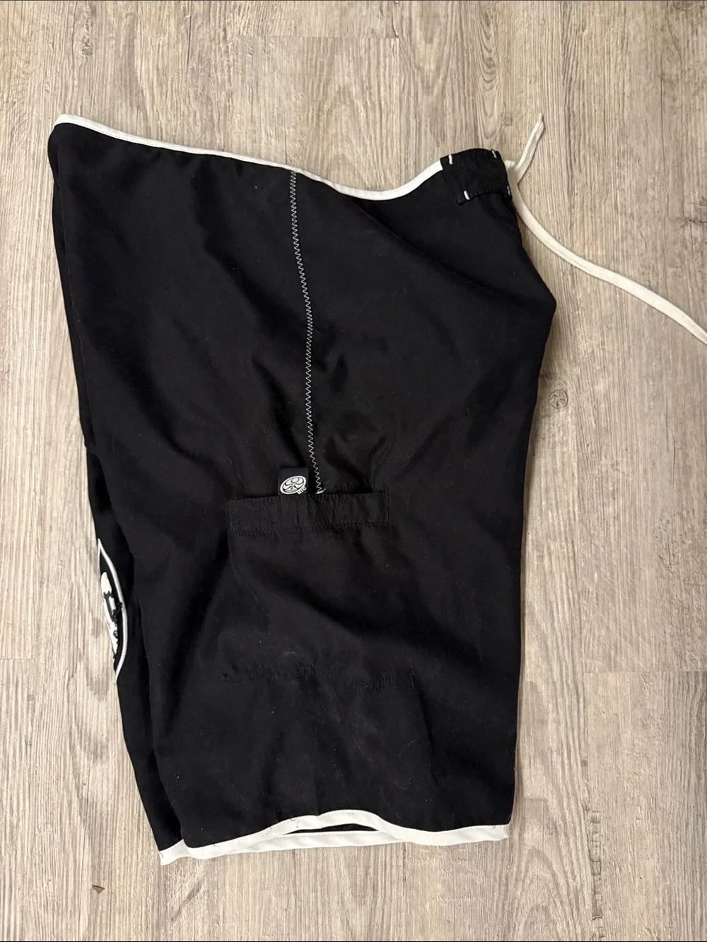 Black Men's Swim Board Shorts with White Contrast and Side Graphic